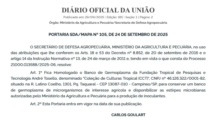 Homologação da CCT como Banco de Germoplasma pelo Ministério da Agricultura e Pecuária (MAPA)